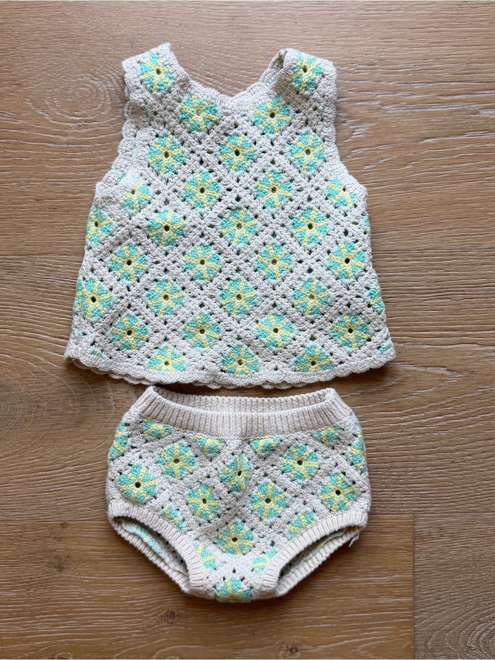 Cream Crochet Baby Dress & Bloomer Set with Mint and Yellow Accents